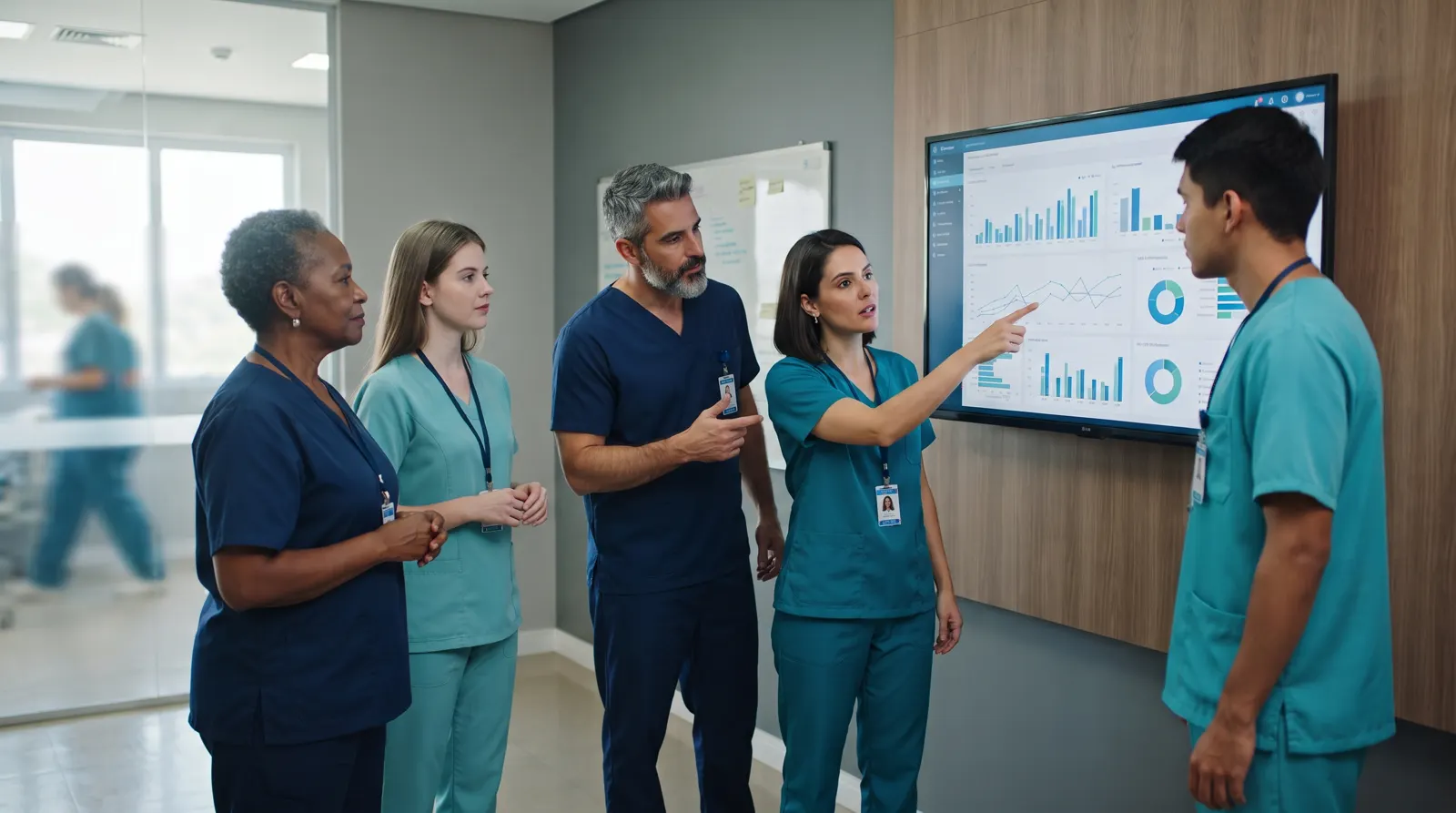 Equipe de saúde analisando painel de indicadores