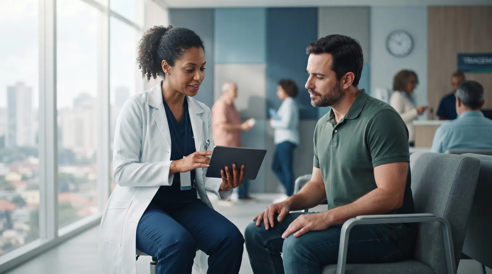 Médica orientando paciente na sala de espera