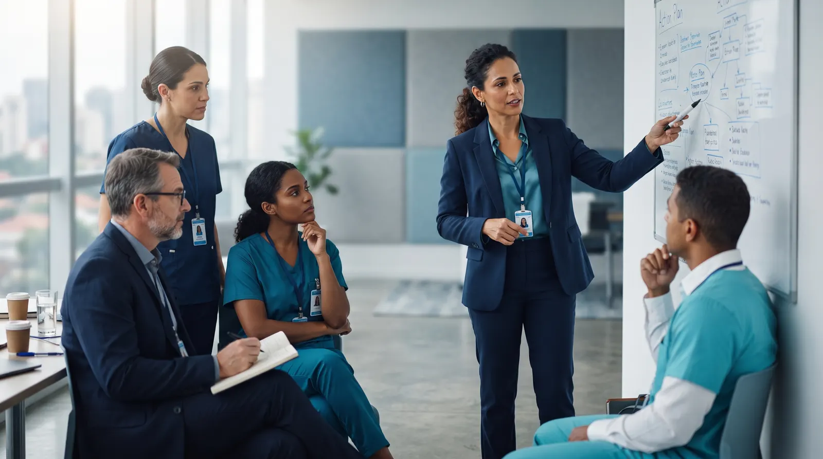 Consultora apresentando plano de ação a profissionais de saúde